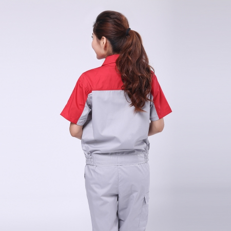 制藥企業夏大紅配淺灰夏季工作服工作服
